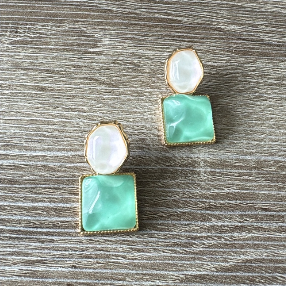 Anthropologie Gold White and Green Resin Drop Earrings - Picture 2 of 4